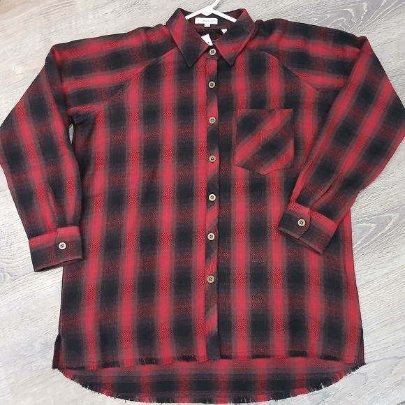 BKE Tops - Plaid Button Down Shirt - Red and Black